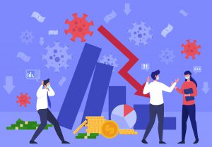 Graphic of people standing in front of a bar graph showing a downward trend with COVID-19 virus around it portraying financial loss and economic chaos.