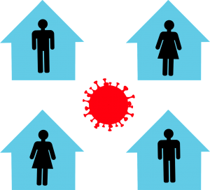 Image depicting social distancing - four blue houses with people inside of them with a virus in the center of the image outside of the homes